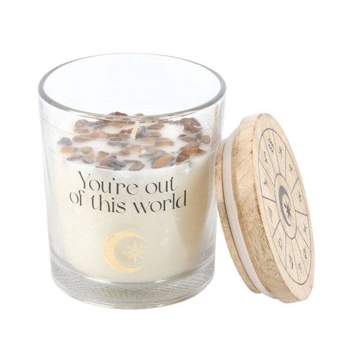 Something Different Wholesale - Wholesale Jar/Filled Candle - Vanilla Stardust Astrology Wheel Crystal Chip Candle