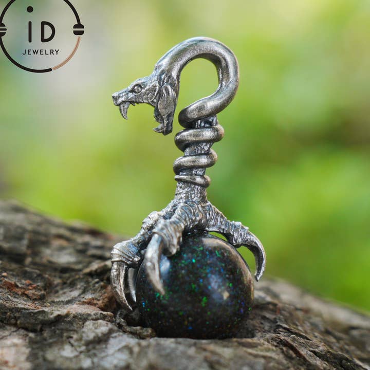 Gotisk drakklo-hänge med opalsten, oxiderat silver smycke, mystisk talisman för män, födelsedagspresentidé för wholesale av idjewelry