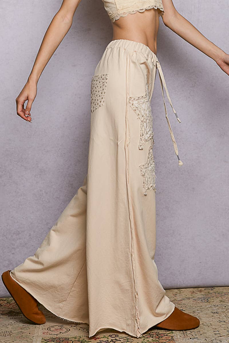 Pol Clothing - Wholesale Pants - Women's - French Terry Vintage Washing Star Patch Casual Wide Pants7