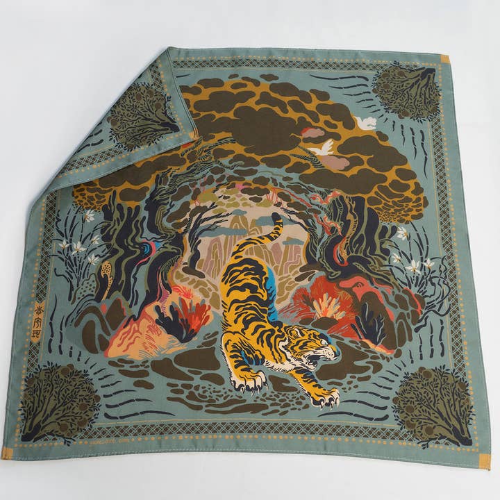 100% Silk Scarf-Tiger-Asian Style-Designed by Yuke Li for wholesale by Yuke Li Studio