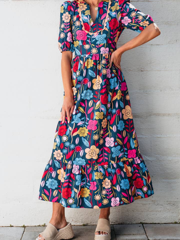 FULL TIME PURCHASE - Wholesale Dress - Women's - Retro Floral Printed Split Neck Maxi Dress