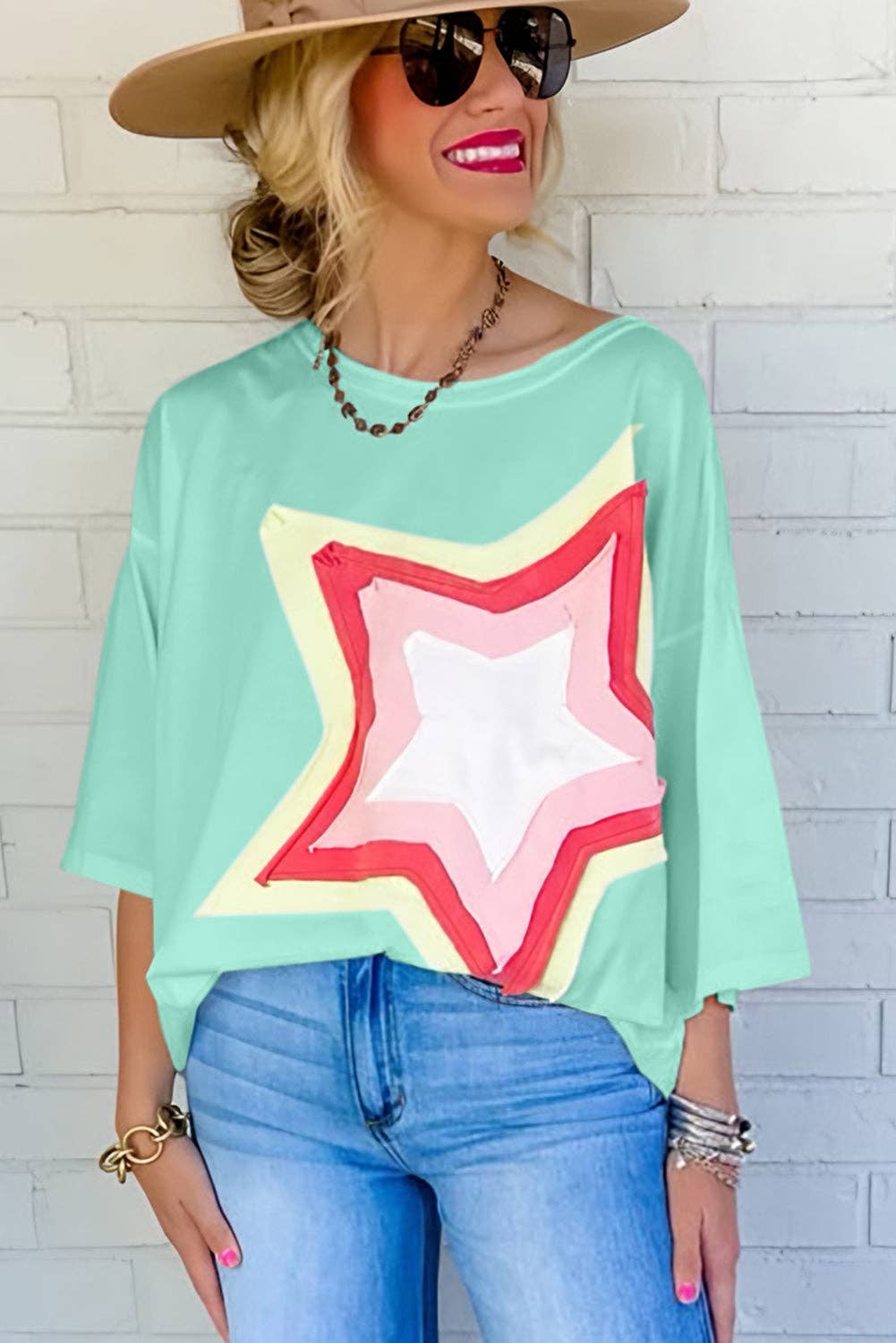 Lovesoft - Wholesale Tunic - Women's - Colorblock Star Patched Half Sleeve Oversized Tee2