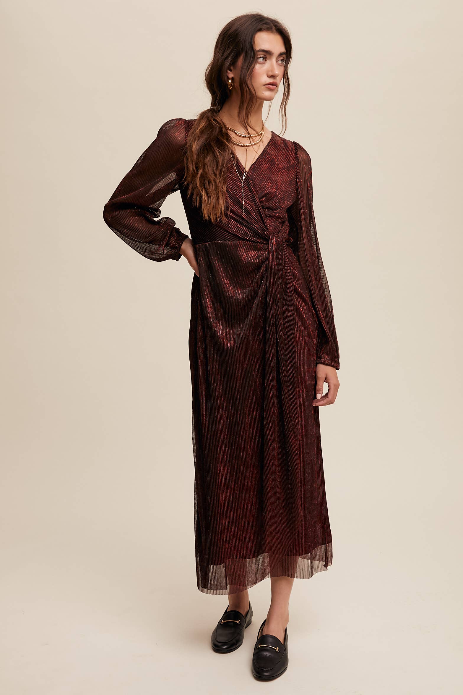 Listicle - Wholesale Jurk - Dames - Glanzende geplooide wikkel midi-jurk LD13224