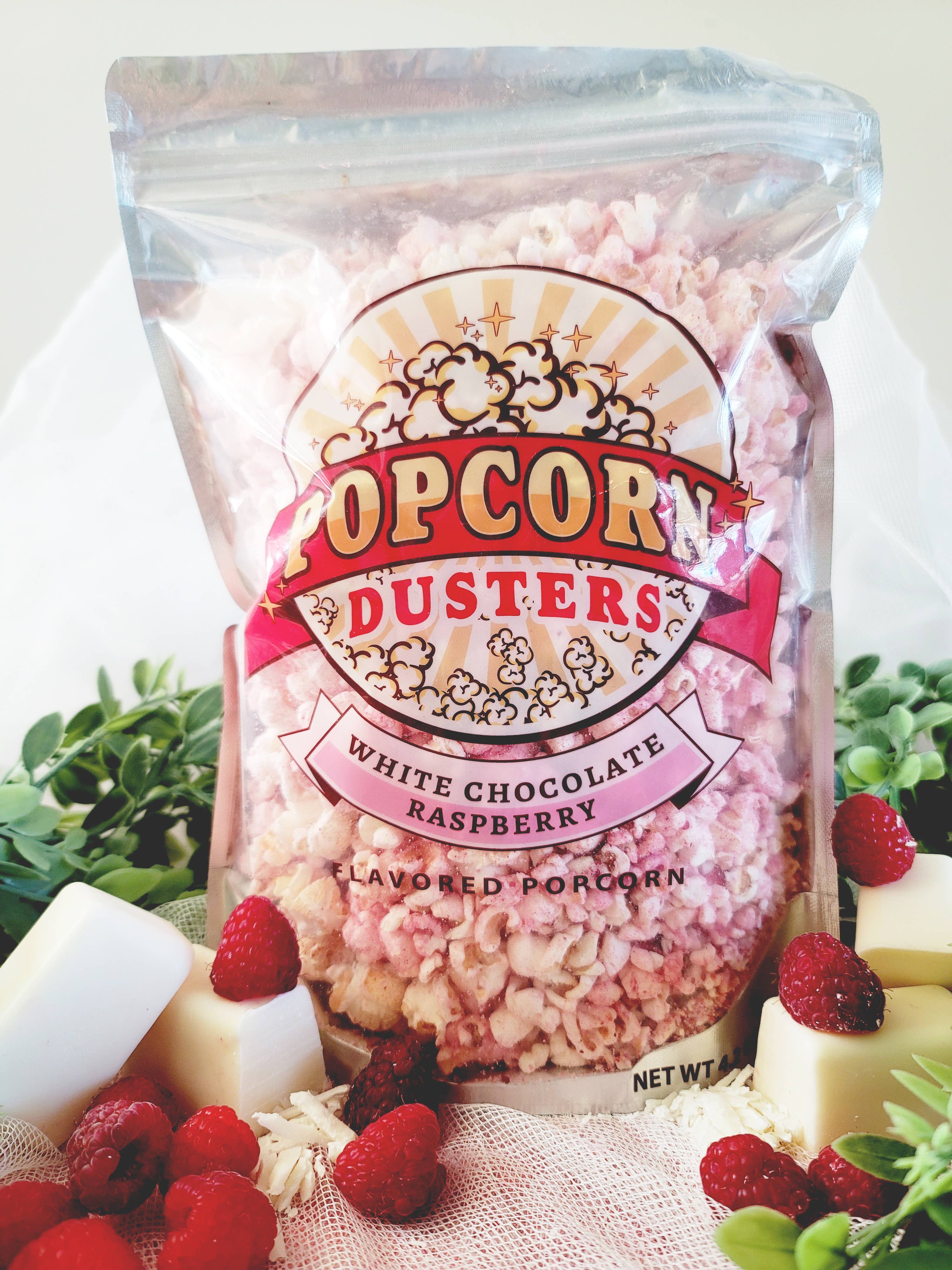 Popcorn Dusters, LLC - Wholesale Popcorn - White Chocolate Raspberry Gourmet Popcorn1