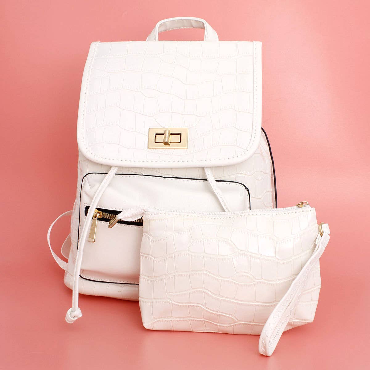 Backpack White Croc Flap Bag Set for Women for wholesale on Faire0