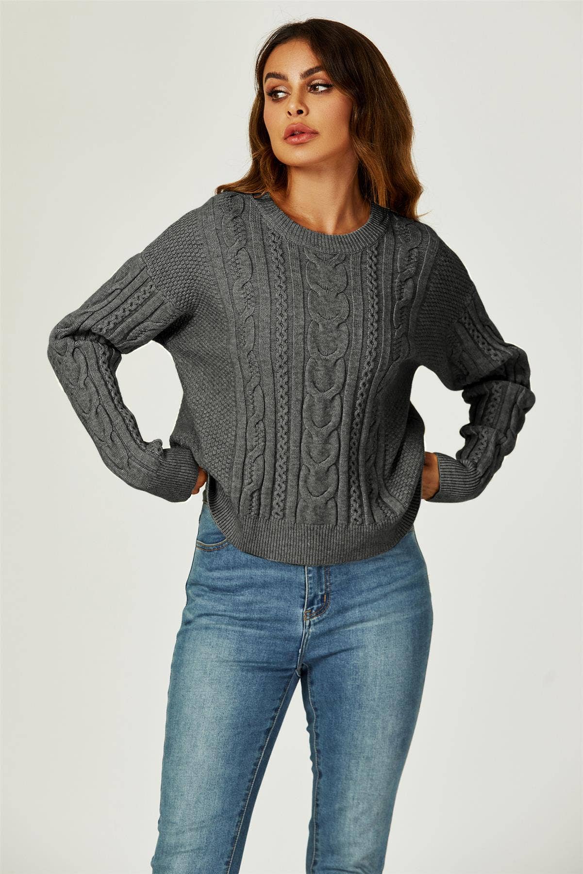 Cable Knit Crew Neck Jumper In Dark Grey for wholesale on Faire3