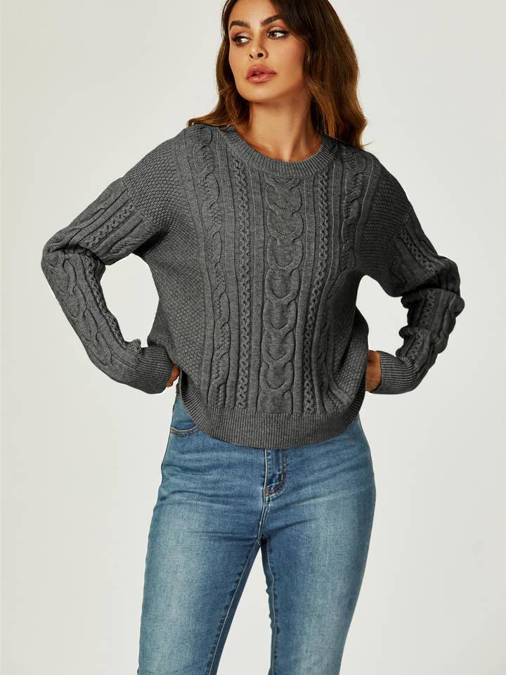 Cable Knit Crew Neck Jumper In Dark Grey for wholesale on Faire3
