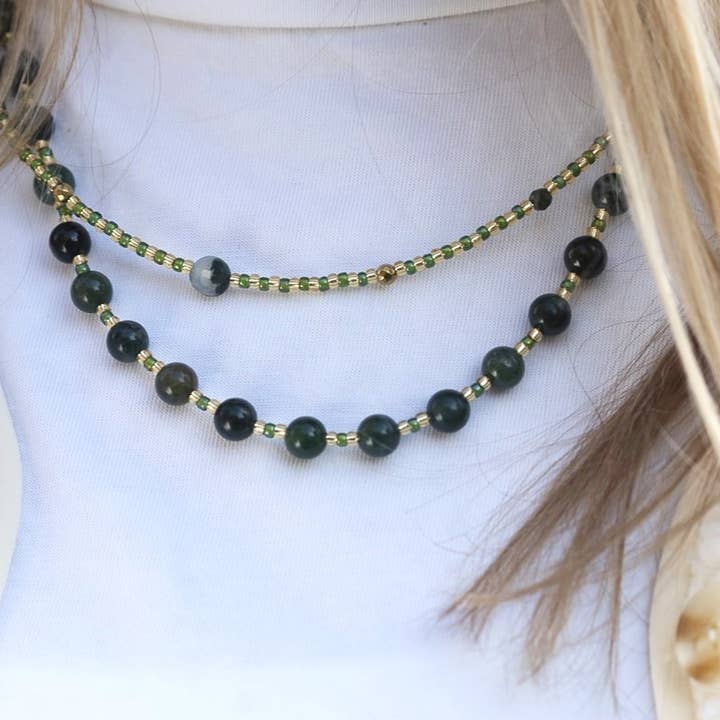 Colar Batu Ágata Musgo, aço inoxidável prateado ou dourado por atacado de by Indah