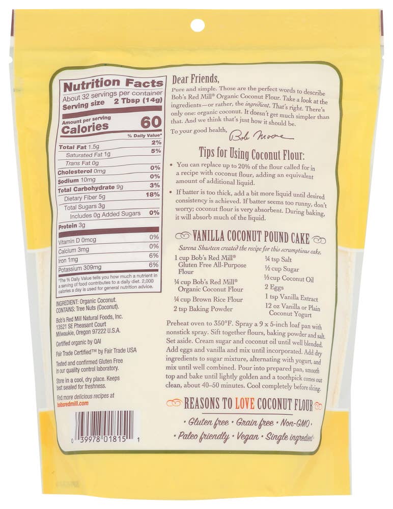 KeHE Distributors, LLC - Vente Farines - Bob's Red Mill Farine de noix de coco biologique 16 oz1