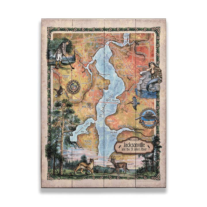 Jacksonville et la rivière St. John's : Carte illustrée pour la vente par Old Wood Signs