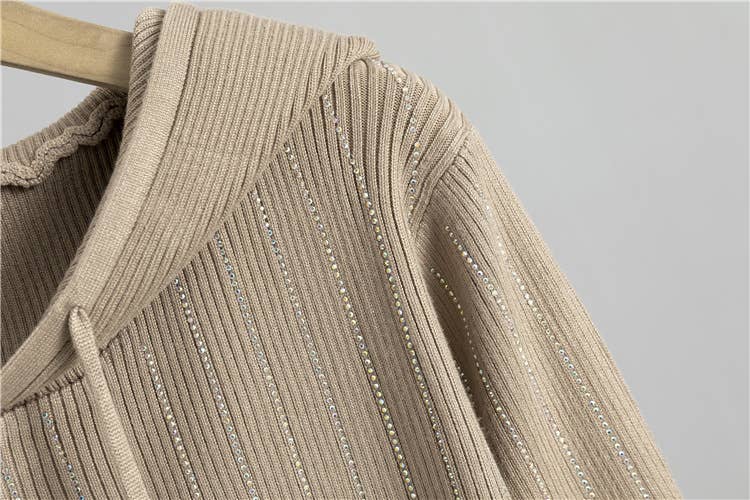 HIDDENBRAND - Wholesale Top & Skirt Set - Women's - hotfix rhinestone zip up knit hoodie jacket & midi skirt set6