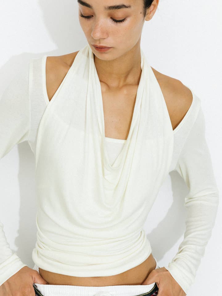 CUBIC - Wholesale Knit Top - Women's - Halter V-Neck Long-Sleeve T-Shirt5