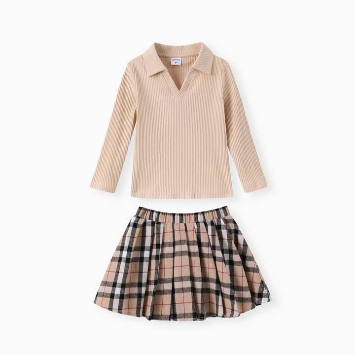 Coffee Toddler Girl 2pcs Classic Polo Collar Top and Grid Skirt Set for wholesale on Faire