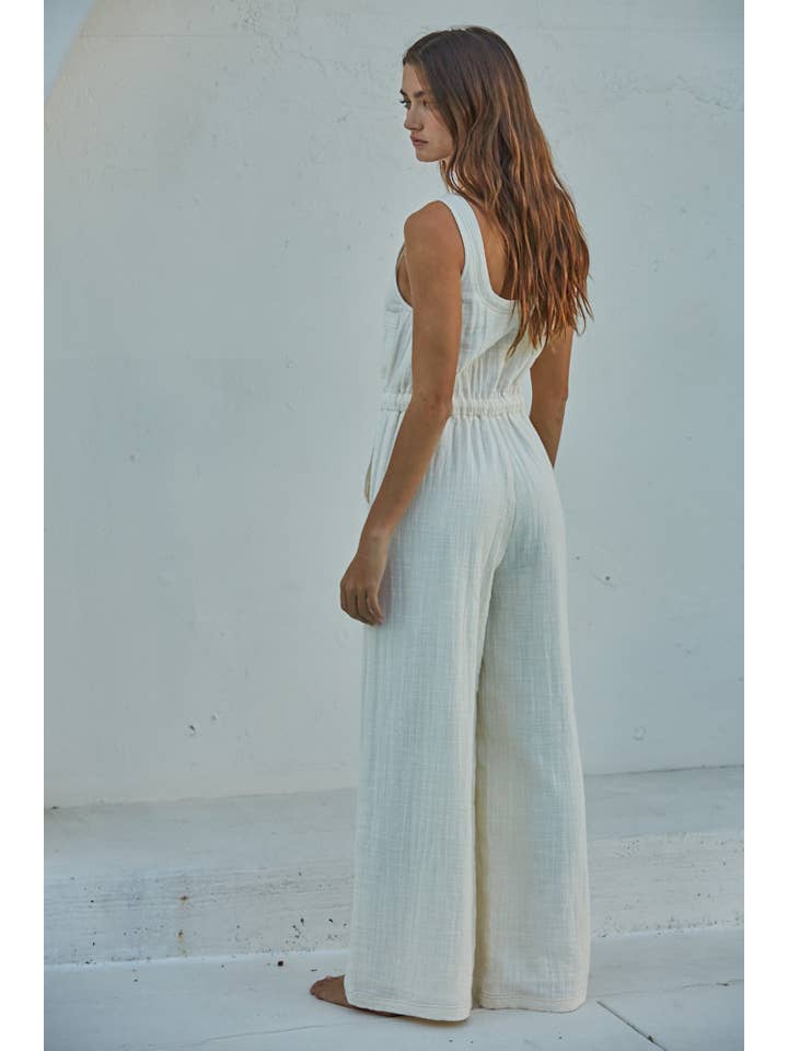 Ivory L7046 | Cotton Scoop Neck Sleeveless Wide Leg Jumpsuit for wholesale on Faire