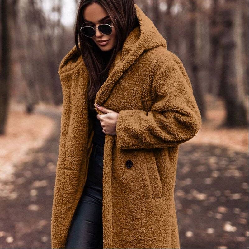 FurDecoration - Vente Manteau en fourrure/fausse fourrure – femme - Manteau long à capuche en peluche uni tendance7