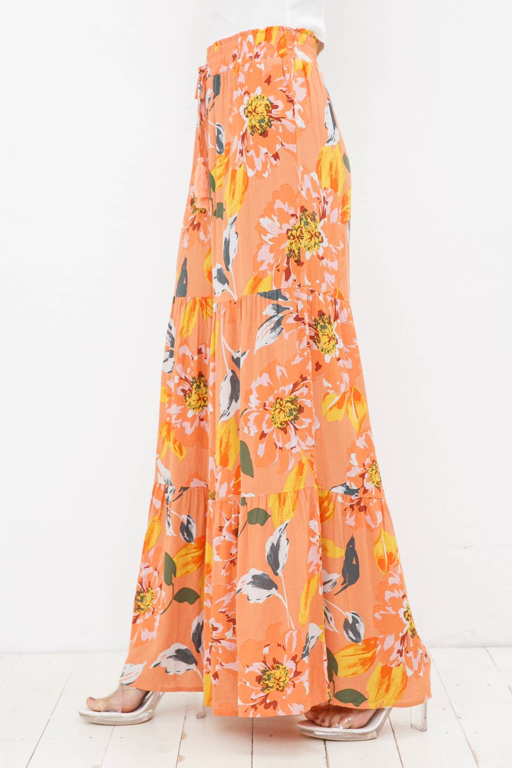 ORANGE 31864P - Pantalon à pompons élastiques à jambes froncées à larges niveaux en rayonne en vente sur Faire3