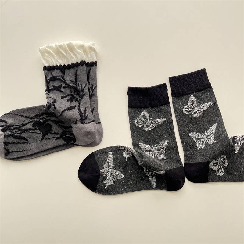 Tourtiwi – wholesale Socks – Women's – Artful Grey Crew Socks - Bird, Butterfly & Botanical Motifs3