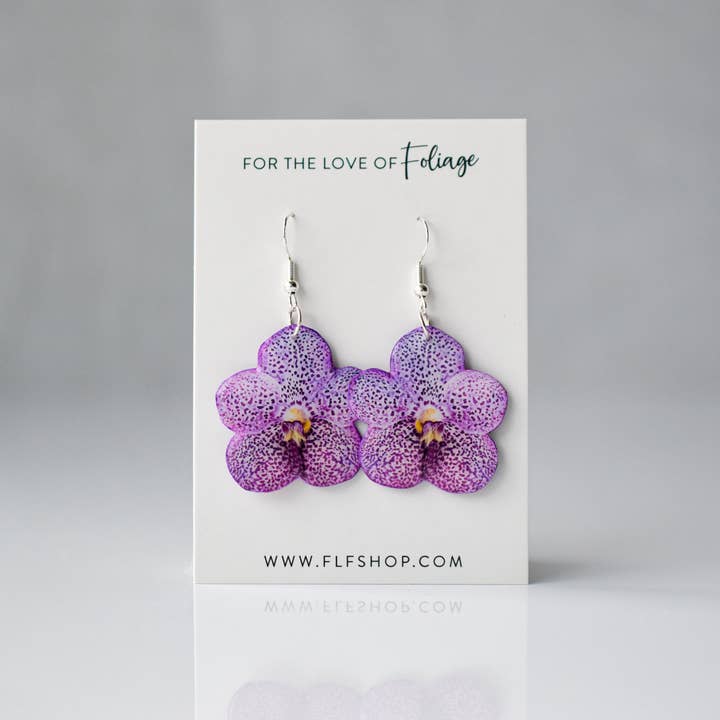Purple Orchid Bloom Plant Earrings | Blossom Earrings for wholesale by For the Love of Foliage