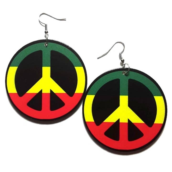 PEACE Rasta GYR Statement Dangle Wood Earrings for wholesale by Kerena Nicole