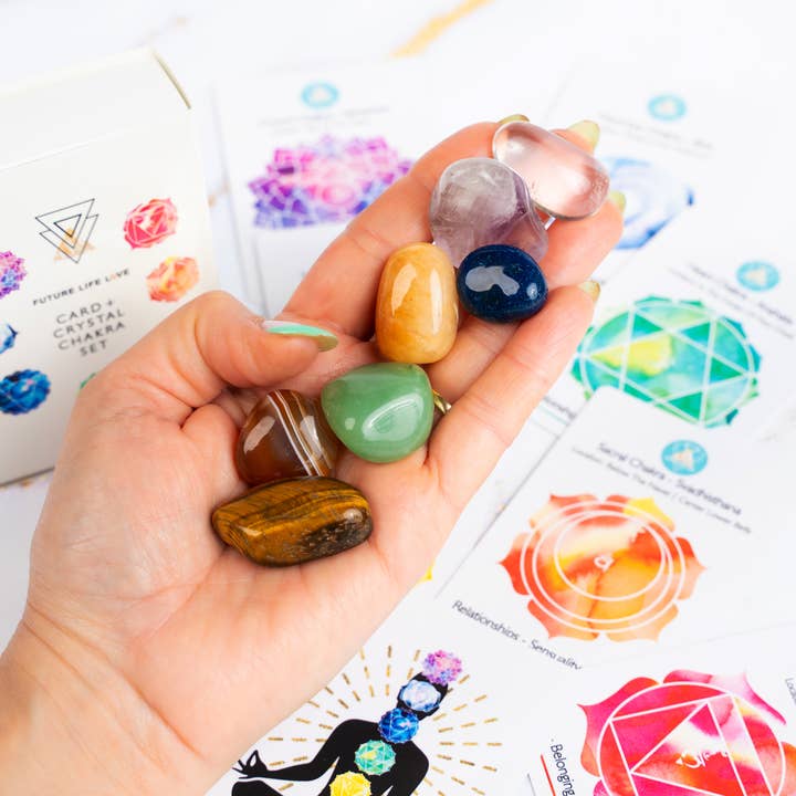 Chakra Card Set With 8 Cards and 7 Crystal Set White Box for wholesale on Faire21