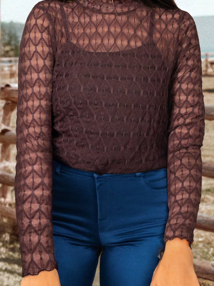 Fashion Sheer Mesh Pattern Lettuce Trim Slim Long Sleeve Top for wholesale by fashionworks