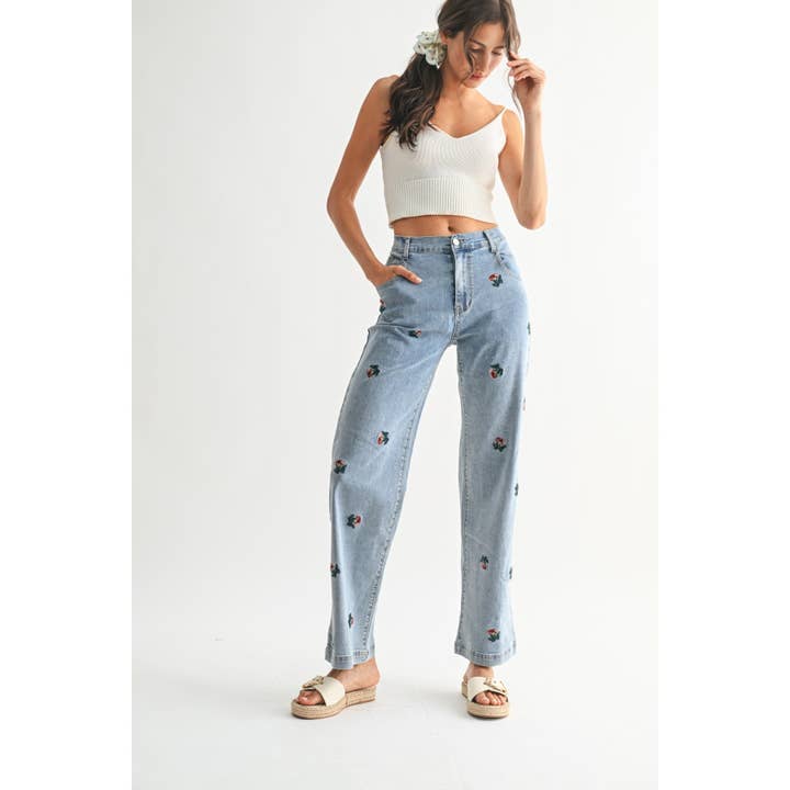 MEDIUM WASH EXQUISITE EMBROIDERED DENIM JEANS for wholesale on Faire