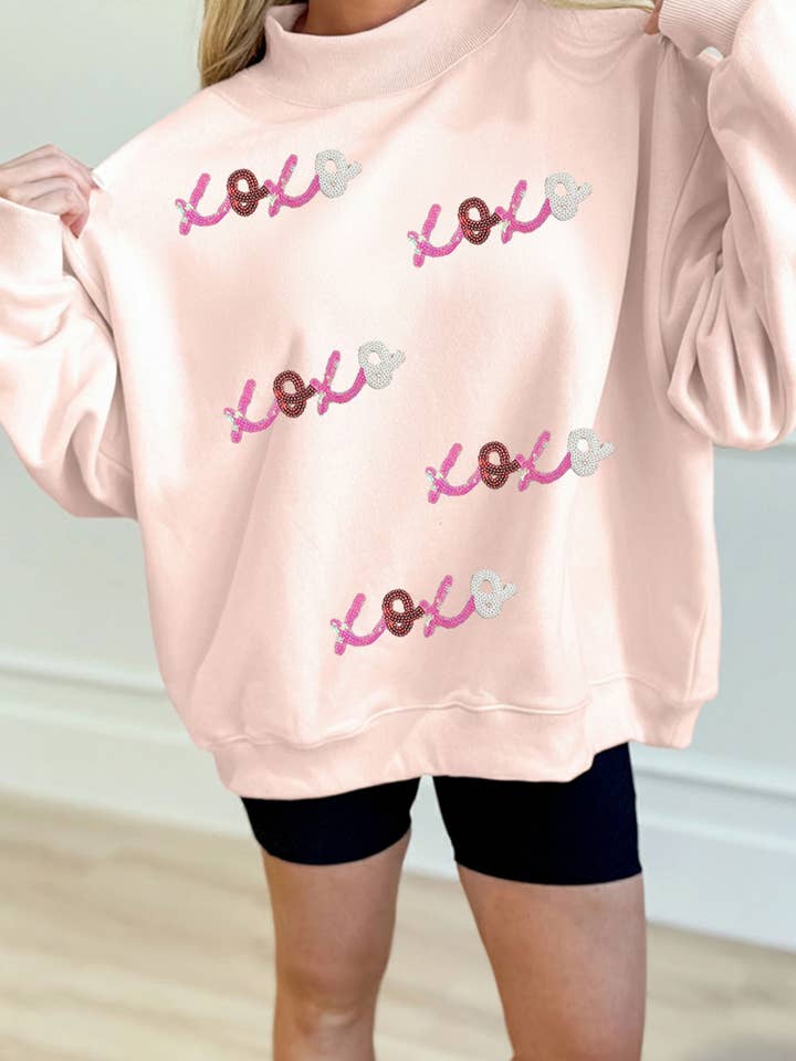 Sweat-shirt à col montant LDC Sequin XOXO Saint-Valentin pour la vente par Little Daisy Closet