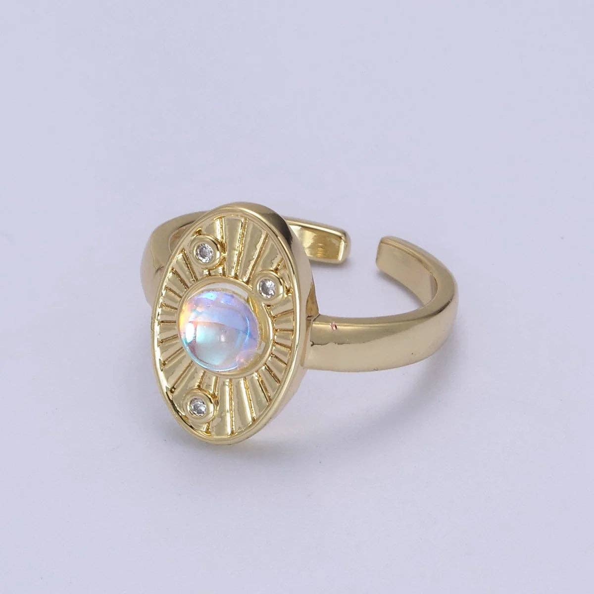 Simply Jewels – wholesale Single stone/solitaire ring – White Opal Sunburst Crystal CZ Oval Adjustable Ring  RI-21U04600