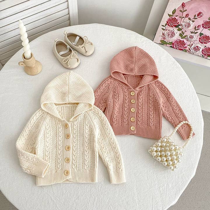 Autumn Arrival Baby Girls Comfortable Solid Color Knitted Long Sleeves Cardigan with Hood for wholesale by MyKids-USA®