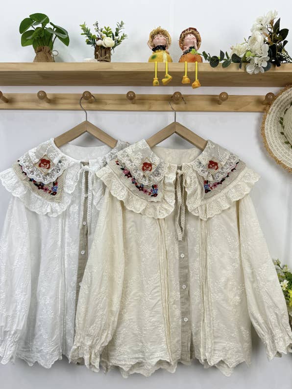 Girls' Floral Embroidered Peter Pan Collar Shirt Blouse for wholesale by Whisper Mint