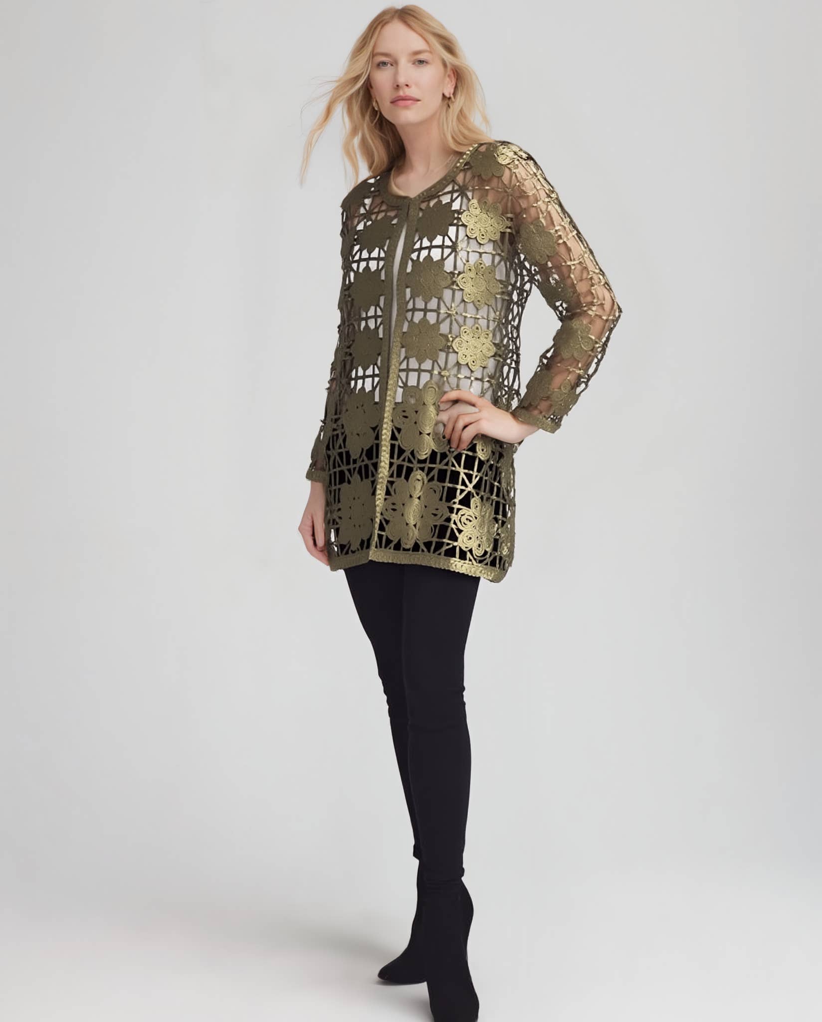 Soutache Long Coverup with Gold foil print (Gold/Army Green) for wholesale on Faire