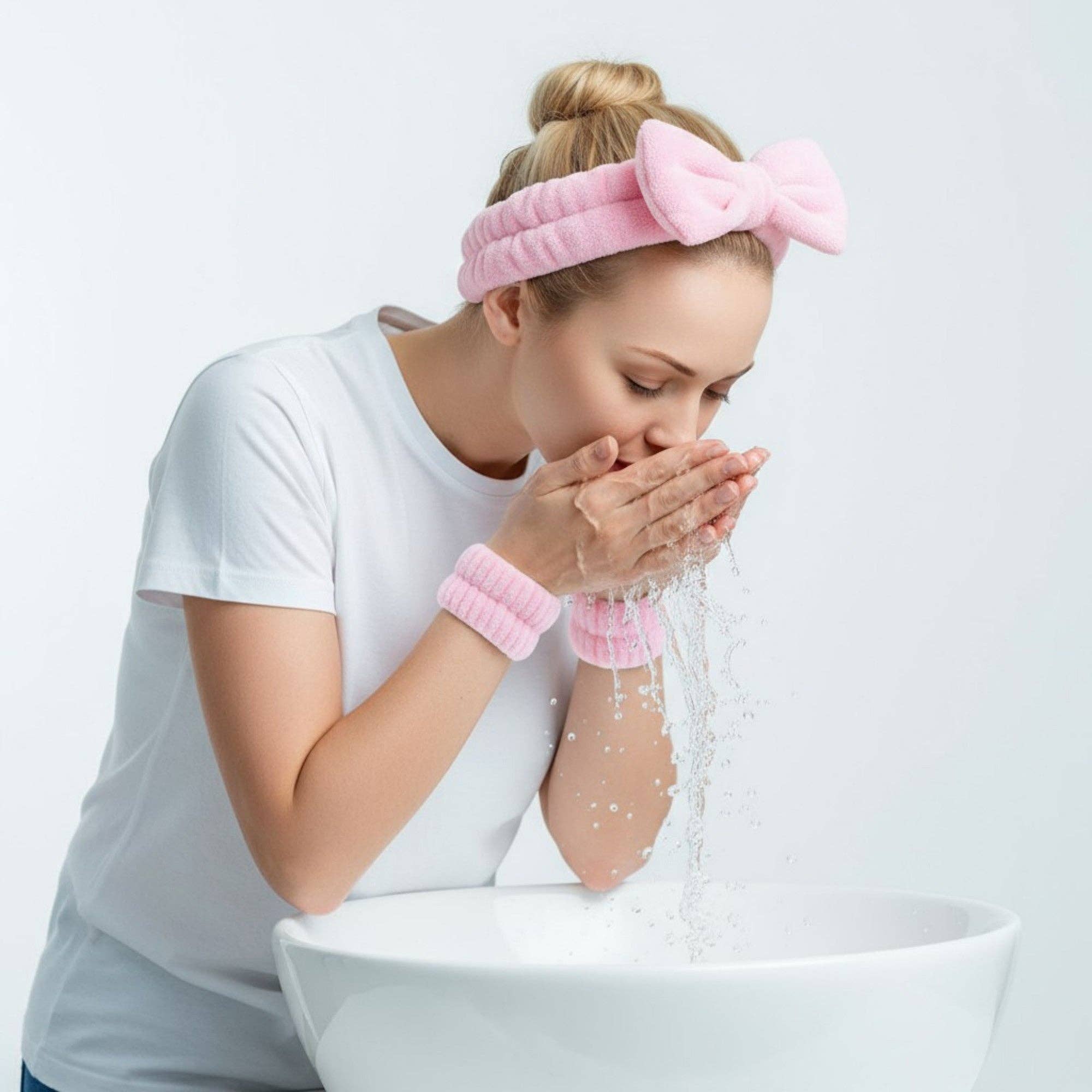 Rose Ensemble bandeau et bracelets en peluche pour le lavage du visage en vente sur Faire1