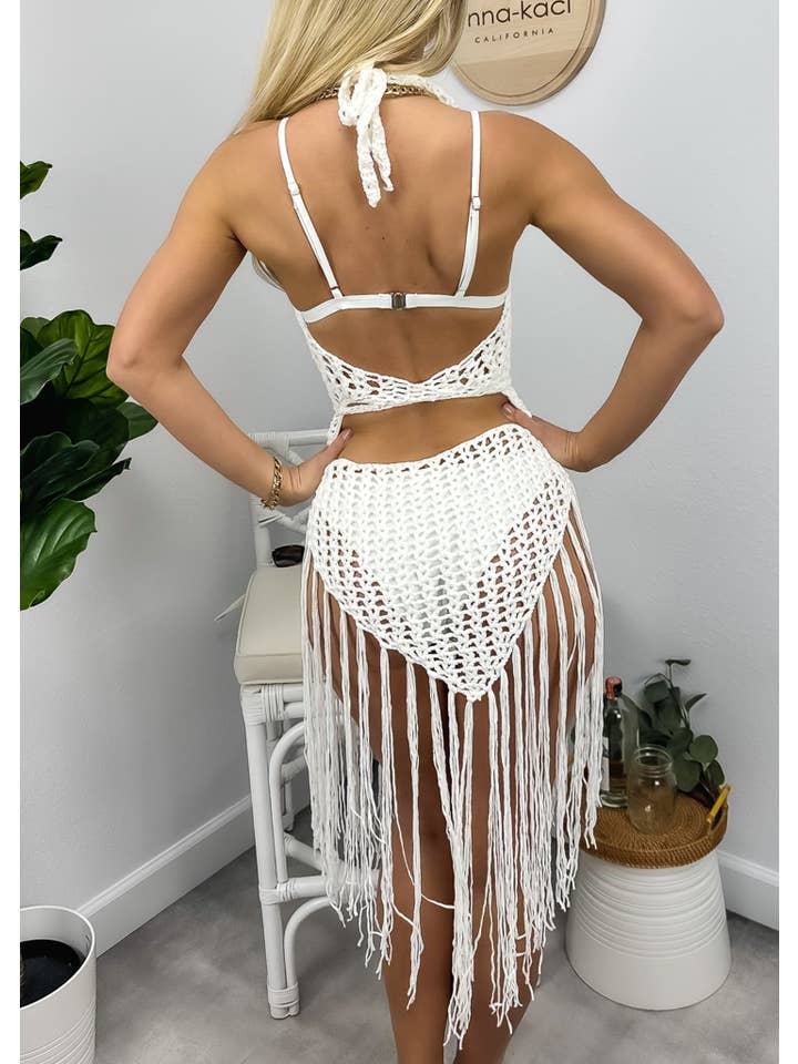 White Halter Crochet Tassel Swimwear Beach Dress Bikini Cover Up for wholesale on Faire1