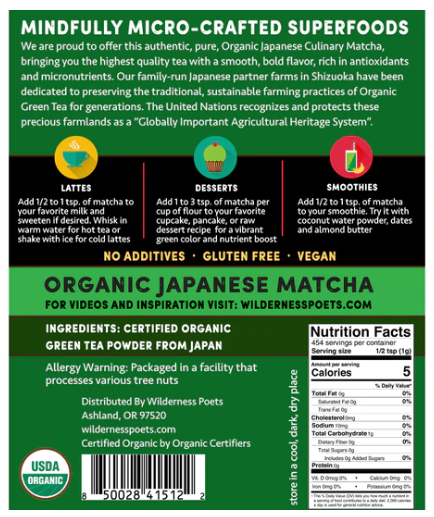 Wilderness Poets - Wholesale Health/Detox Tea - Organic Matcha Green Tea Powder - Culinary Grade6