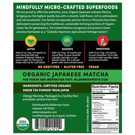 Wilderness Poets - Wholesale Health/Detox Tea - Organic Matcha Green Tea Powder - Culinary Grade6
