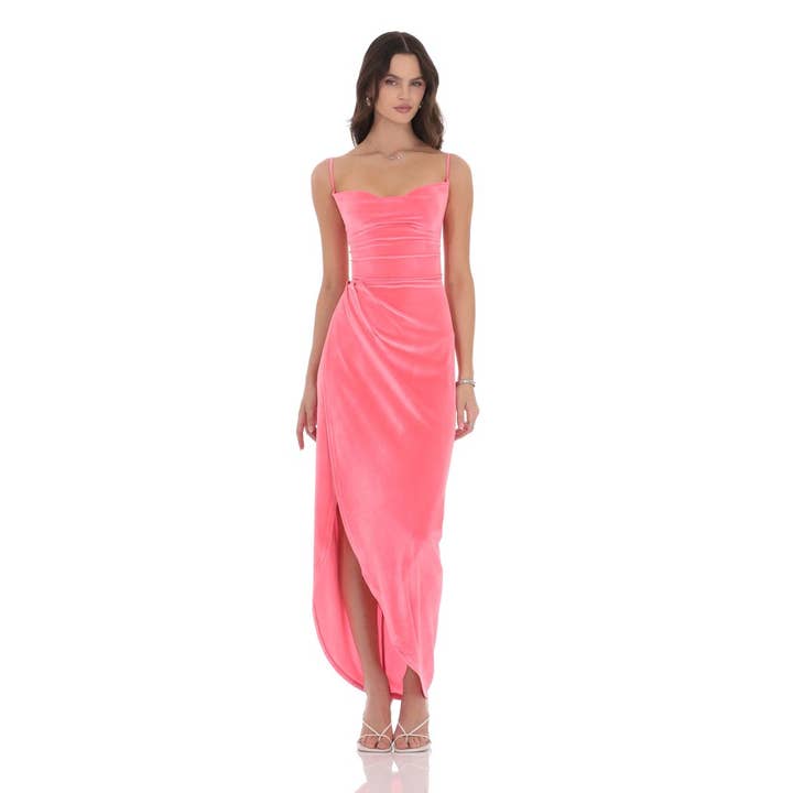 Velvet Asymmetrical Maxi Dress in Hot Pink for wholesale by Lucy In The Sky