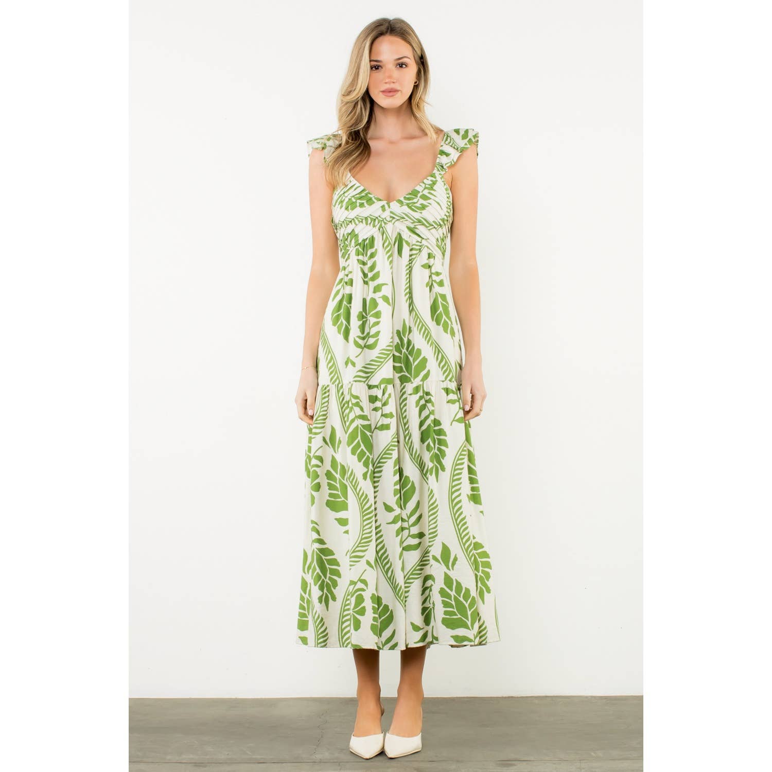 THML - Wholesale Dress - Women's - Flutter Sleeve Leaf Print Maxi Dress0