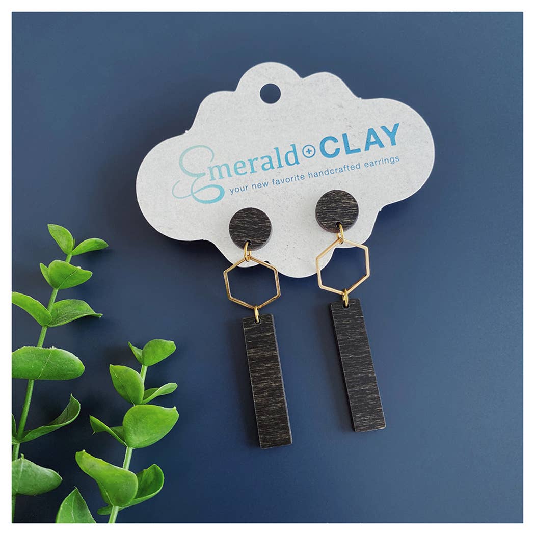 Emerald and Clay - Wholesale Dangle Earrings - Wood Earrings - Metal Hex with Wood Bar2