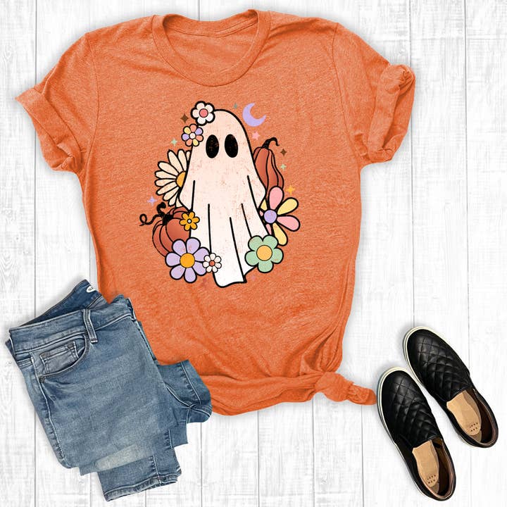 Fall Retro Floral Ghost Graphic Tee for wholesale by The Way Down South
