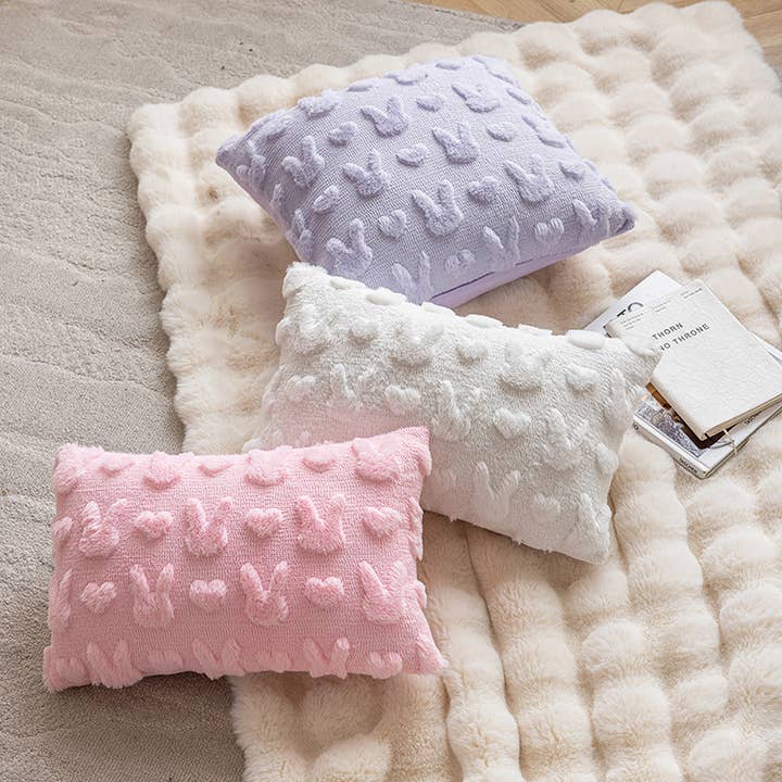 Easter White Pink Bunny Embroidered Plush Pillow Cover for wholesale by Sparkling Extras