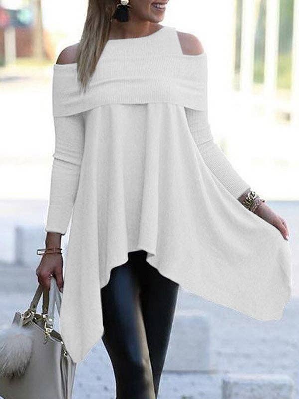 Plush Looks – Großhandel Tunika – Damen – Einfache, lockere, hohle, einfarbige T-Shirts mit kalter Schulter4