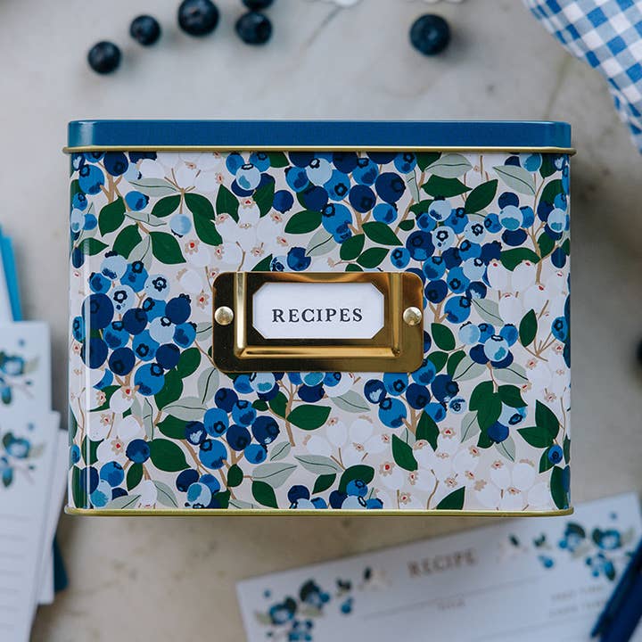 Blueberry Field Tin Recipe Box for wholesale by Paper Farm Press
