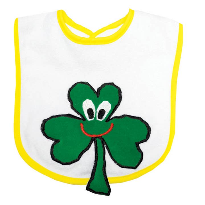 White & Yellow Squeaky Shamrock Baby Bib for wholesale by Dublin Gift Company