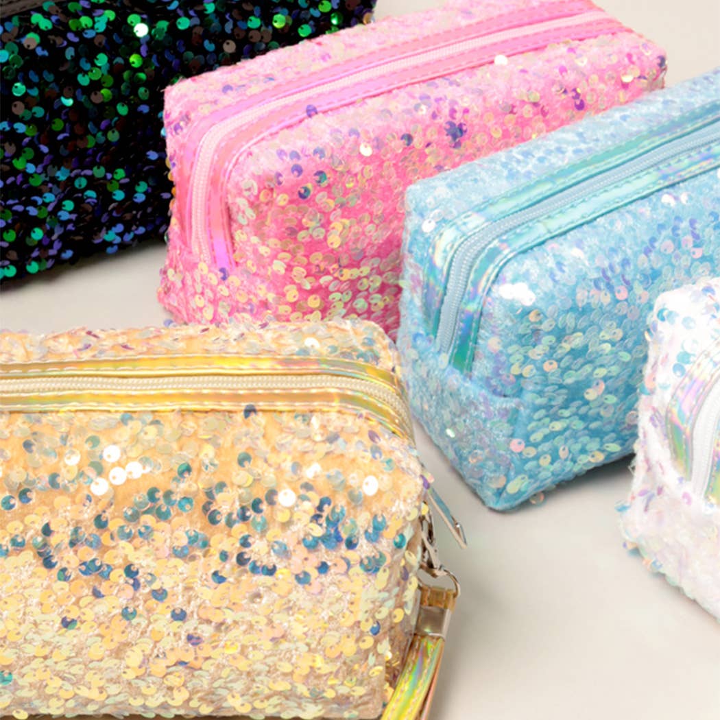 Fashion City - Wholesale Makeup/Cosmetic Bag - Sequin Zipper Cosmetic Pouch Bags w Strap1