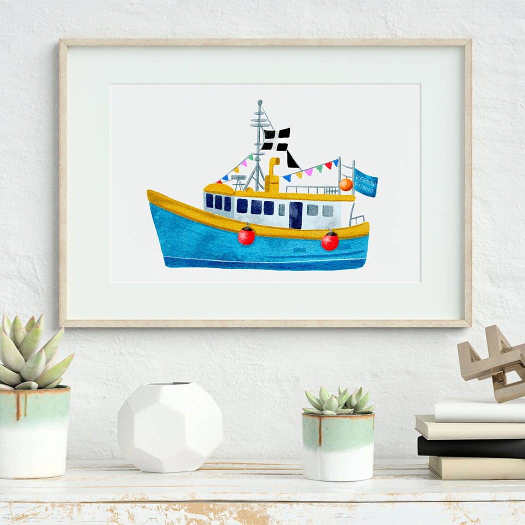 Sarah Whittle Illustration – wholesale Art print – Cornish Fishing Boat with Cornwall Flag Art Print2