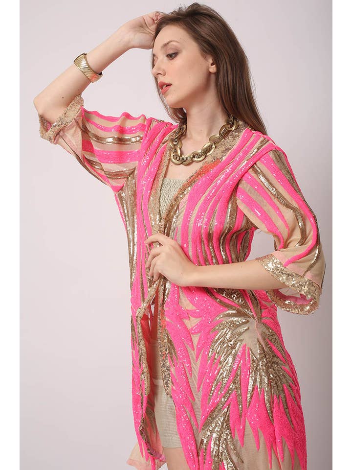 Festivo kimonos - Vente Kimono – femme - Kimono à sequins roses et dorés - Veste scintillante - Cover Up