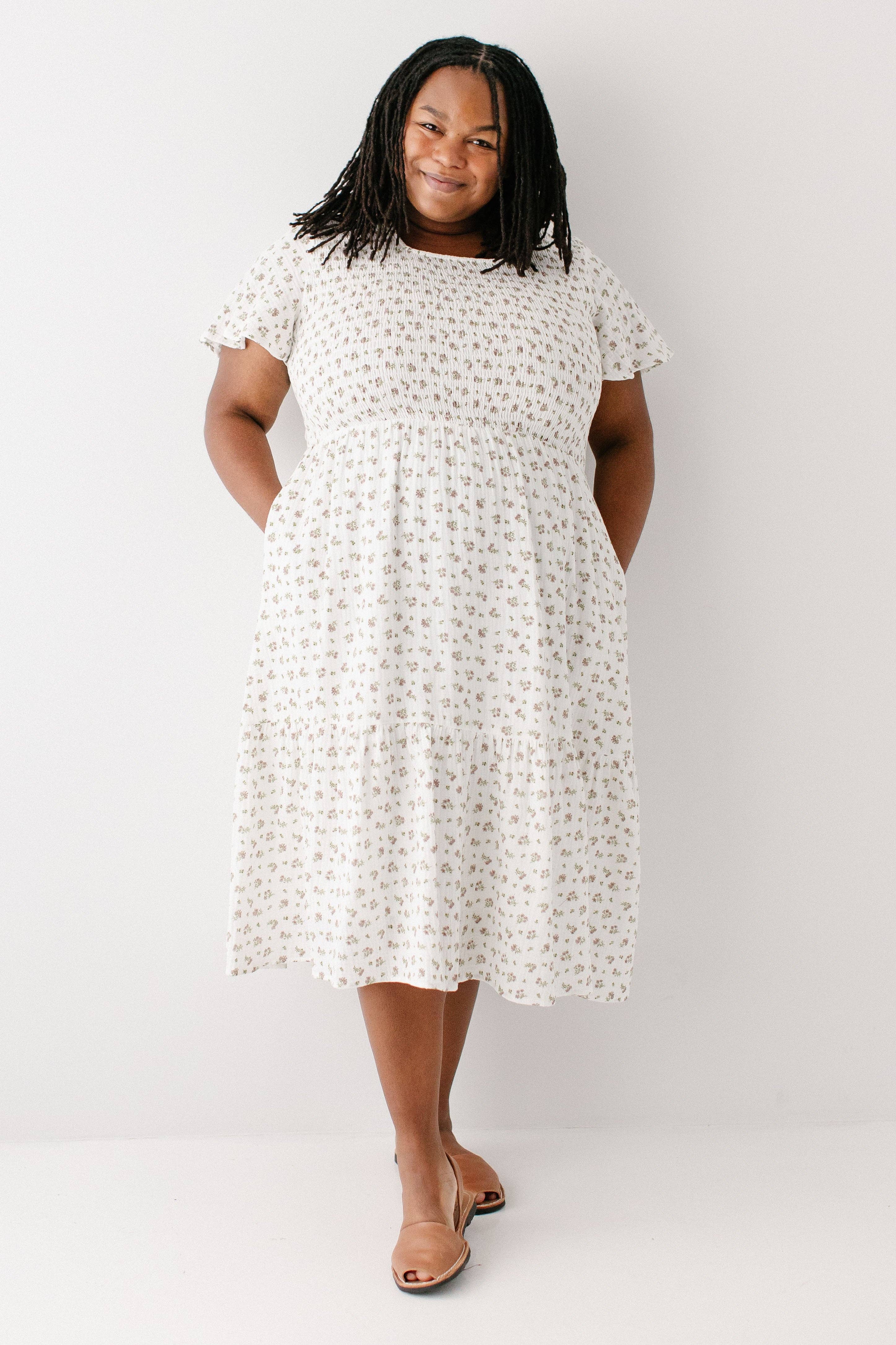 White 'Lynette' Smocked Bodice Floral Midi Dress for wholesale on Faire1