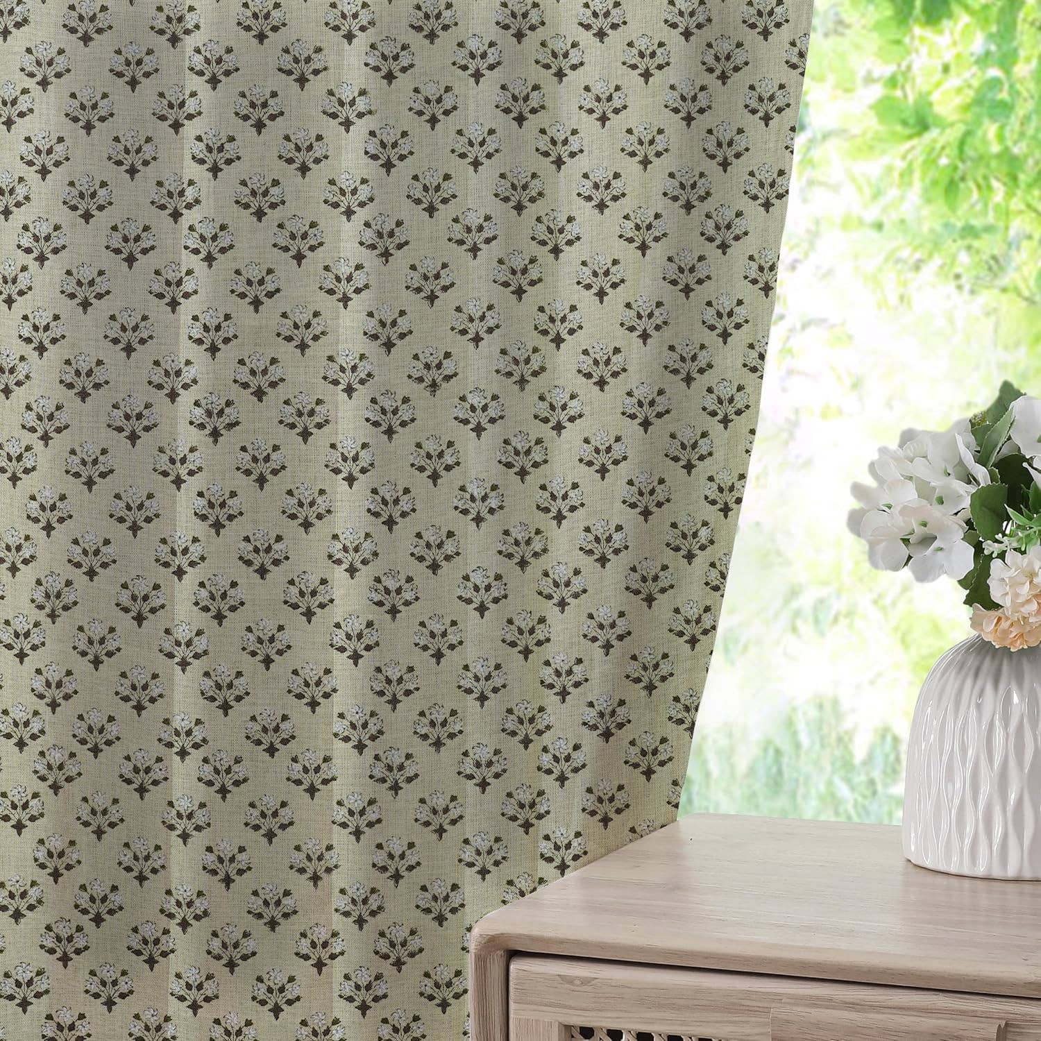 Fabdivine - Wholesale Curtain - Natural Block Print Pure Linen Pleated Curtain-Diwali Flower2