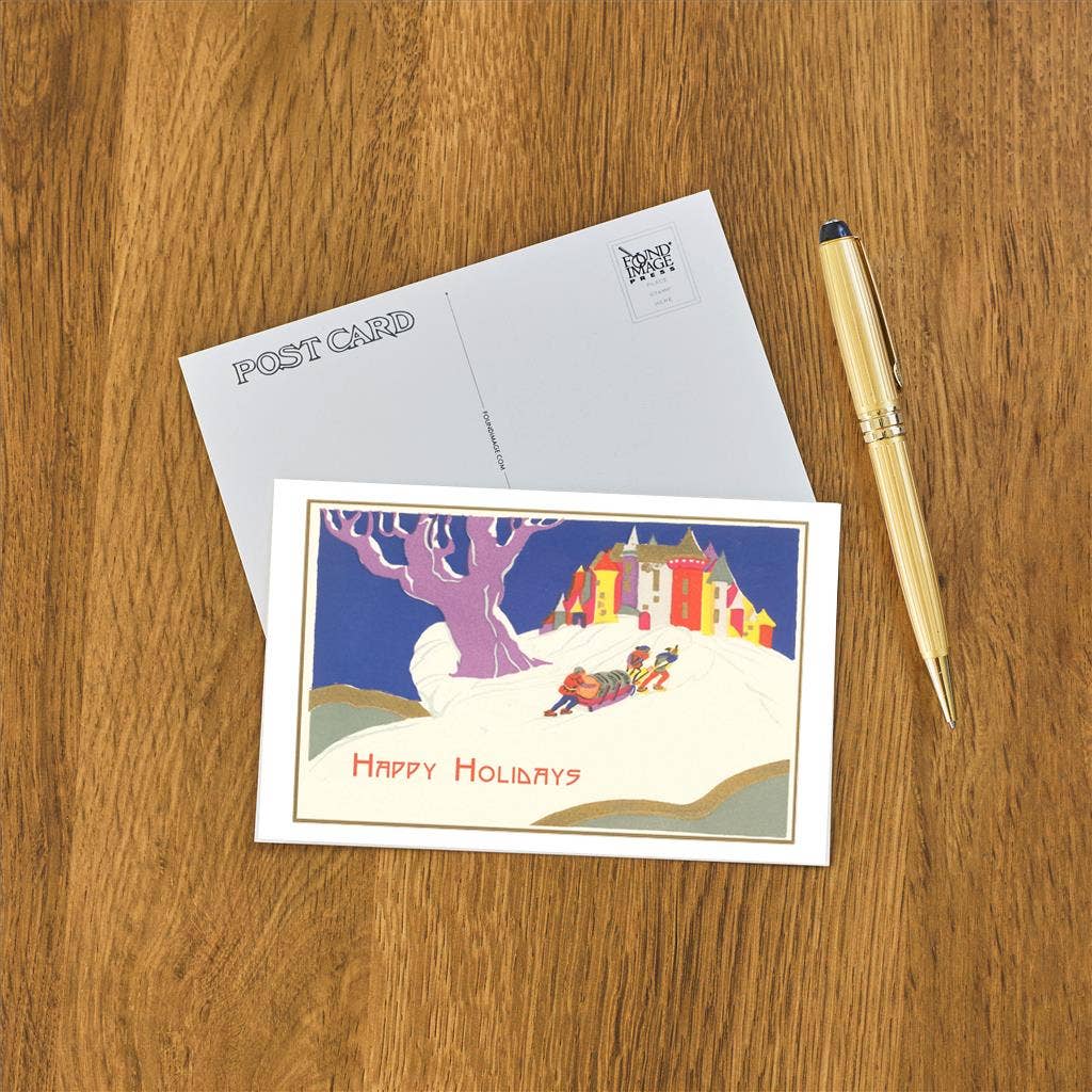 Found Image Press - Wholesale Postcard - Postcard MC-374 Happy Holidays, People Pulling Sled1