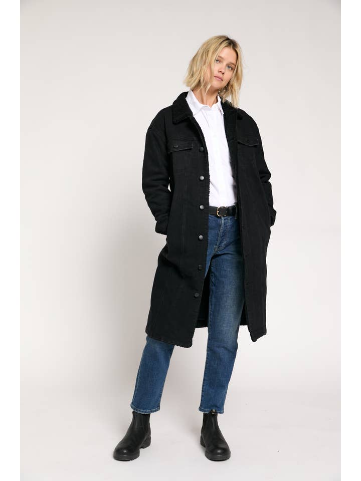 Oliver Logan - Wholesale Coat - Women's - James Denim Long Coat Sherpa Lined, Black